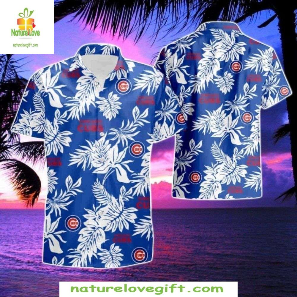 Chicago Cubs Hawaiian Shirt Monochrome Team Leaf Pattern Baseball Apparel