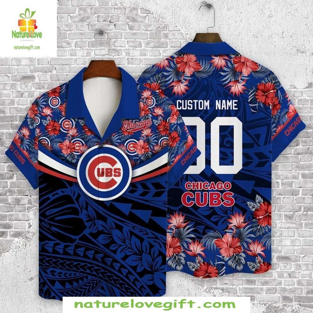Chicago Cubs Hawaiian Shirt Navy Floral Custom Name Baseball Apparel