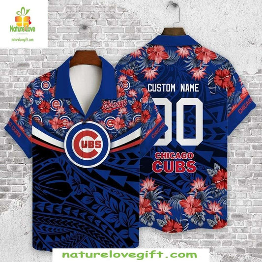 Chicago Cubs Hawaiian Shirt Navy Floral Custom Name Baseball Apparel