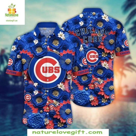 Chicago Cubs Hawaiian Shirt Floral Fanfare Vivid Blue Blossoms Baseball Apparel