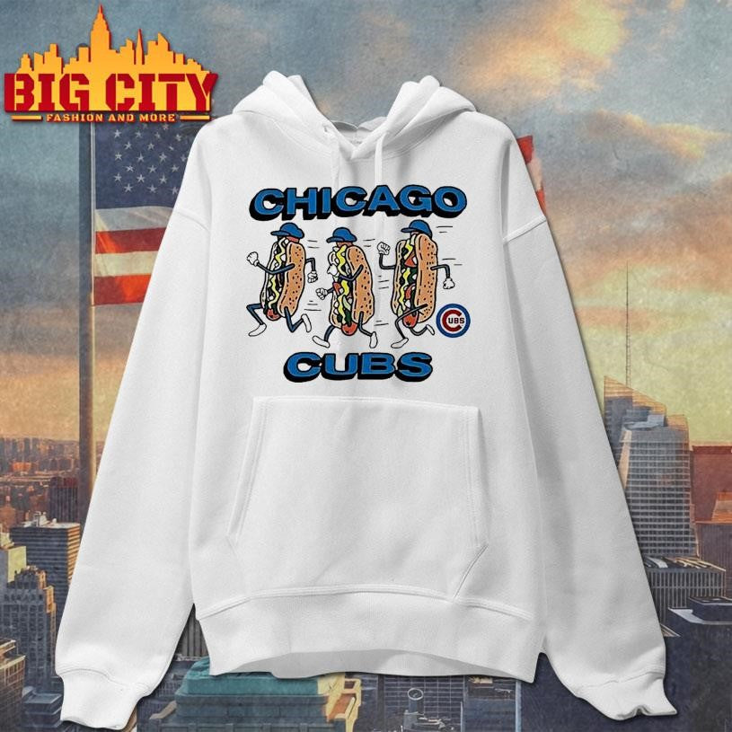 Chicago Cubs Three Running Hot Dogs Wearing Blue Hats And Gloves Sports Graphic Shirt
