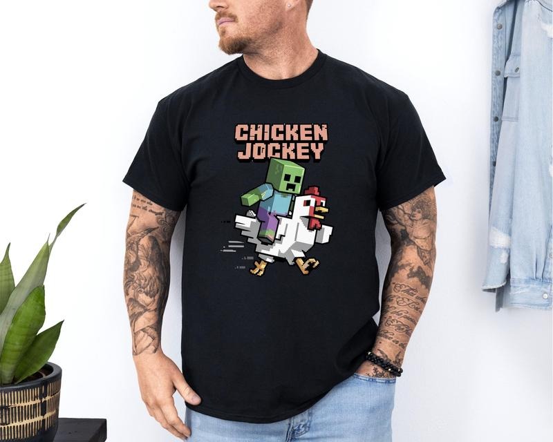Chicken Jockey Pixel Art Shirt, Funny Zombie Gamer Tee, Retro Gaming, Undead Humor, Convention Streamer Shirt