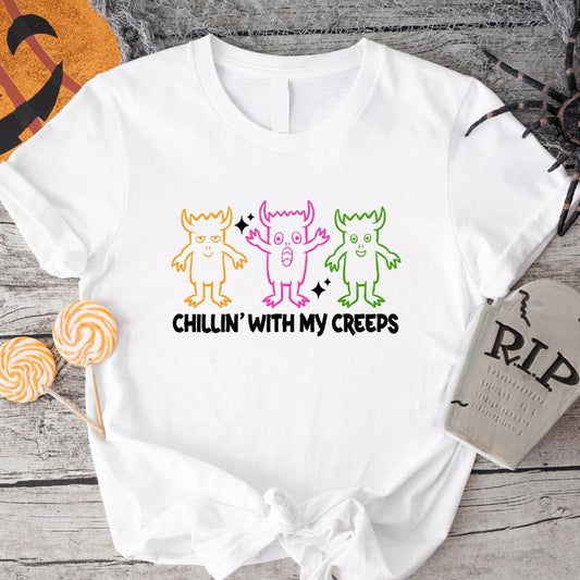 Chillin' With My Creeps T-Shirt, Unisex Halloween Vibes Shirt, Funny Boo Tee, Spooky Season Gift Tee Hoodie, Sweatshirt