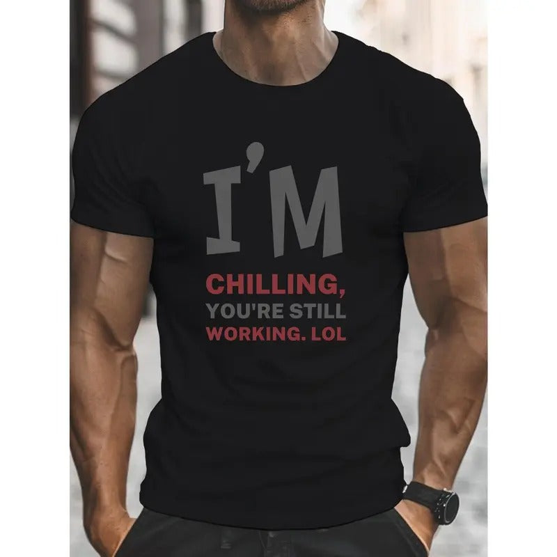Chilling Working Print, Men's Round Crew Neck Short Sleeve Tee, Casual T-Shirt Casual Comfy Lightweight Top For Summer...