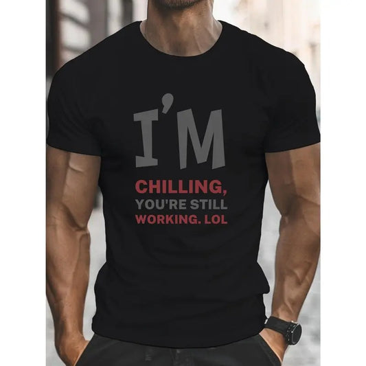Chilling Working Print, Men's Round Crew Neck Short Sleeve Tee, Casual T-Shirt Casual Comfy Lightweight Top For Summer...