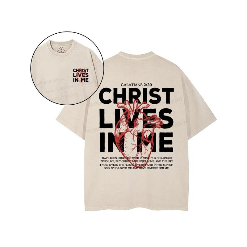 Christ Lives In Me Christian Washed 2 Sided T-Shirt Pure Cotton Fabric Casual Streetstyle Crew Neck Short Sleeve...