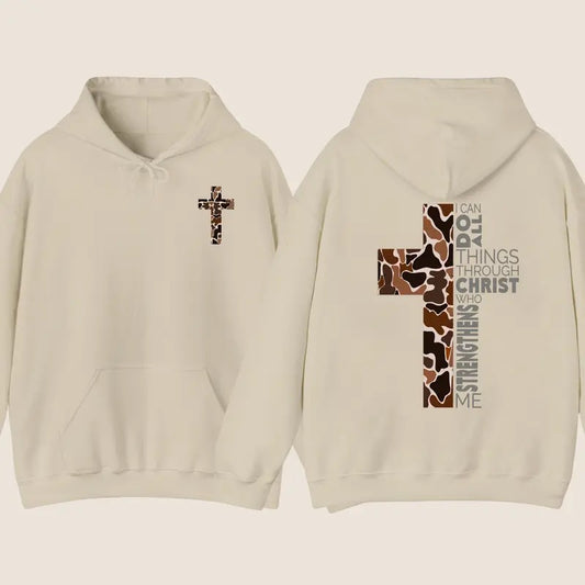 Christian Hoodie - Camo Cross Design with Philippians 4:13 Verse for Men, Women, and Children - Menswear, Classic Embroidered Love
