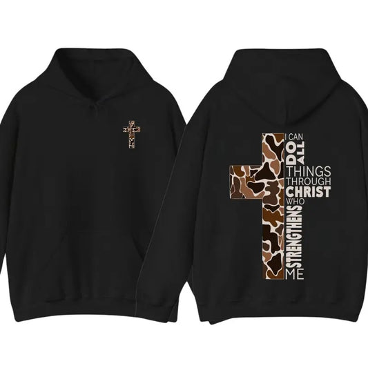 Christian Hoodie Sweatshirt T shirt- Camo Cross Design with Philippians 4:13 Verse, Perfect for Faithful Believers and...