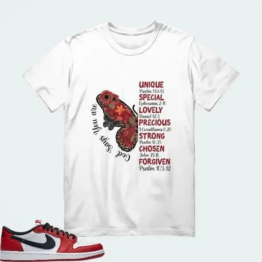 [Christian Sublimation Butterfly] AJ1 Low OG Chicago Matching Tee Hoodie, Sweatshirt | InkThreadWorks.com