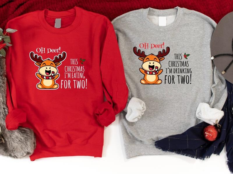 Christmas Baby Reveal Party Sweatshirt, Oh Deer! This Christmas I'm Drinking For Two Hoodie, Parents To Be Xmas Gift, I'm...