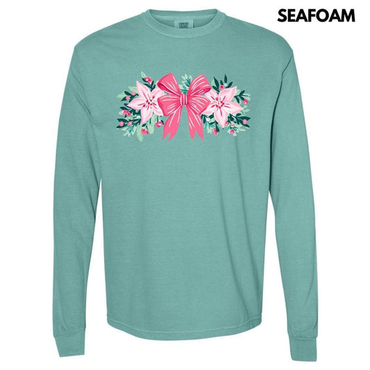 Christmas Bow Garland Long Sleeve Comfort Colors T-Shirt 'NLB' Hoodie, Sweatshirt | InkThreadWorks.com