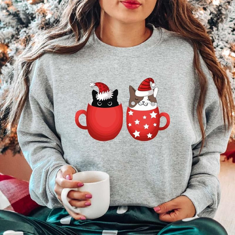 Christmas Cats and Coffee Sweatshirt, Cute Cat Lover Gift Hoodie, Latte Coffee Lover Sweater, Christmas Hoodie Gift For...