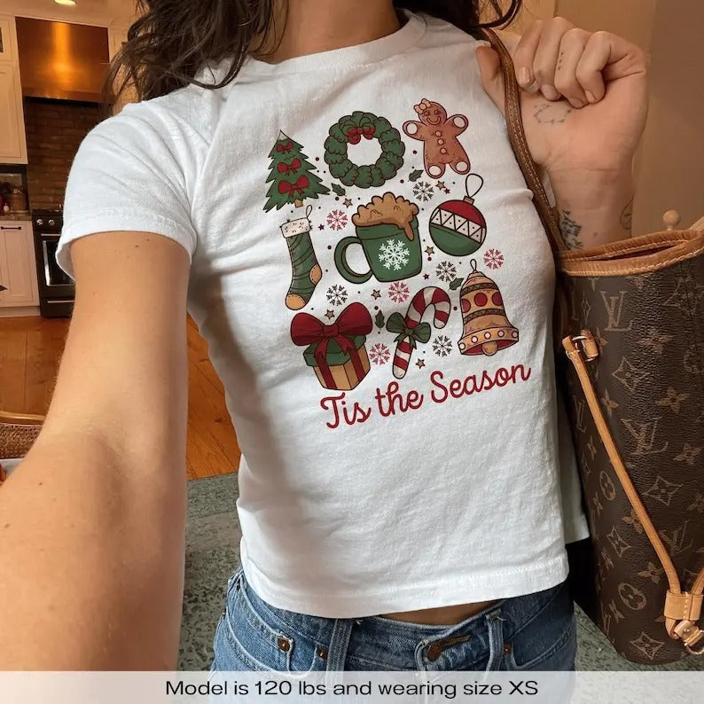 Christmas Coquette Y2K Baby Tee Shirt - Cute Santa Gingerbread Season Vintage Aesthetic Top for Women - Xmas Party Gift