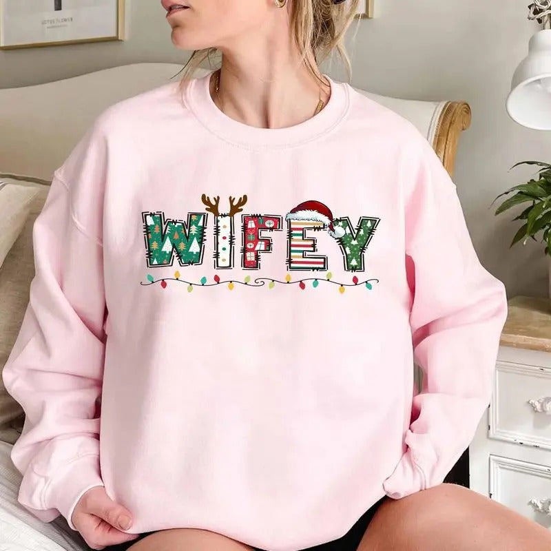 Christmas Couple Matching Sweatshirt, Wifey Hubby Christmas Crewneck Sweater, Christmas Theme Printed Mr and Mrs Jumper...