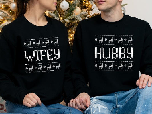 Christmas Couple Sweatshirt, Hubby And Wifey Hoodie For Christmas, Matching Newlywed Sweater, Christmas Wedding Gift...