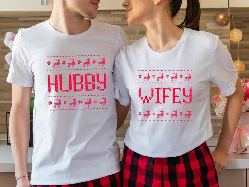 Christmas Couple T-Shirt, Hubby And Wifey Shirt, Matching Newlywed Tee, Christmas Wedding Gift Tee, Husband Wife Winter...