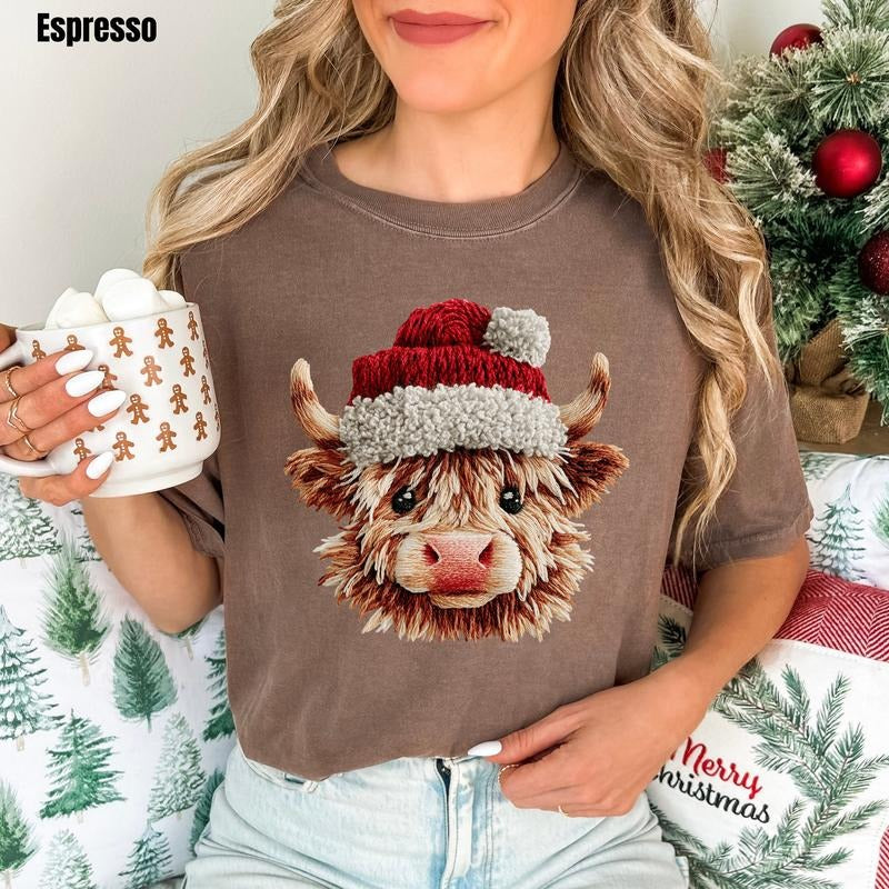 Christmas Cow FAKE Crochet Comfort Colors T-Shirt 'NLB' Hoodie, Sweatshirt | InkThreadWorks.com