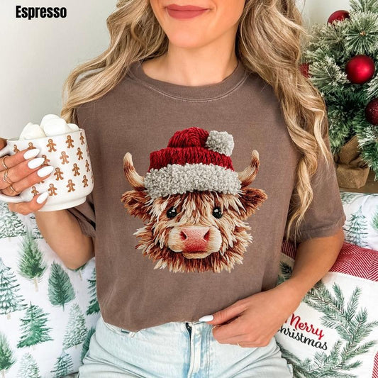Christmas Cow FAKE Crochet Comfort Colors T-Shirt 'NLB' Hoodie, Sweatshirt | InkThreadWorks.com