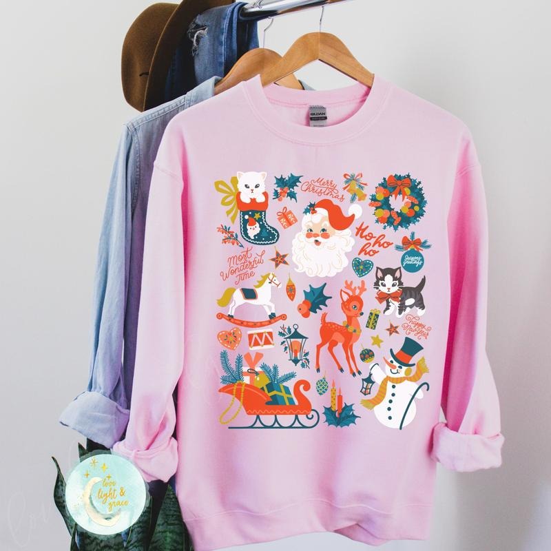 Christmas Crewneck Sweatshirt Christmas PJs Pullover Retro Christmas Doodles Ugly Christmas Sweater Women Santa Shirt...