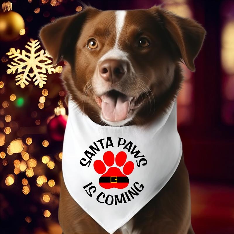 Christmas Dog Bandana, Santa Paws Is Coming Bandana, Pet Owner Xmas Gift Bandana, Dog Paw Holiday Neck Scarf, Perfect...