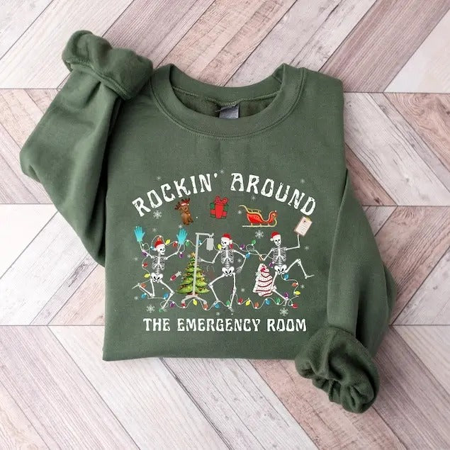 Christmas ER Nurse Sweatshirt, ER Nurse Shirt, Rockin' Around Skeleton, Er Tech Shirt, Emergency Department, Christmas...