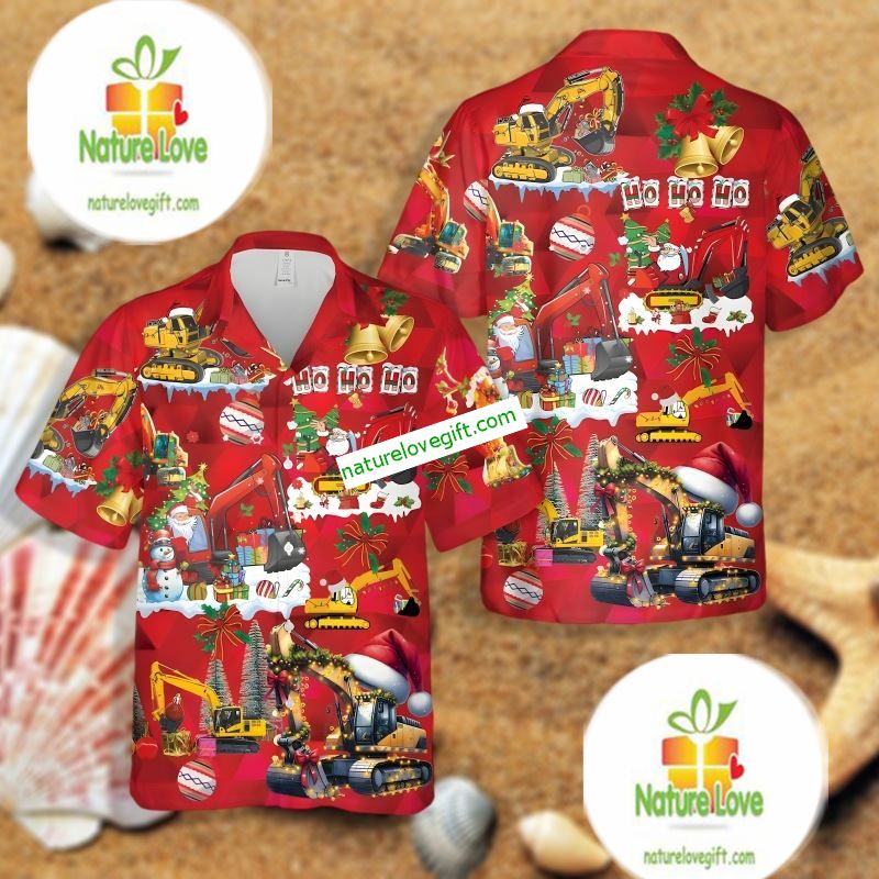 Christmas Excavator Santa Claus And Snowman Red Cotton Hawaiian Shirts