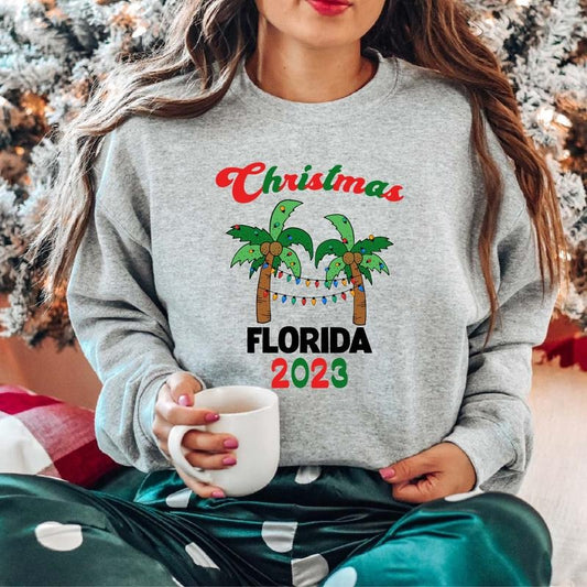 Christmas Florida 2023 Sweatshirt, Unisex Tropical Christmas Hoodie, Xmas Palm Tree Sweater, Matching Family Vacation...