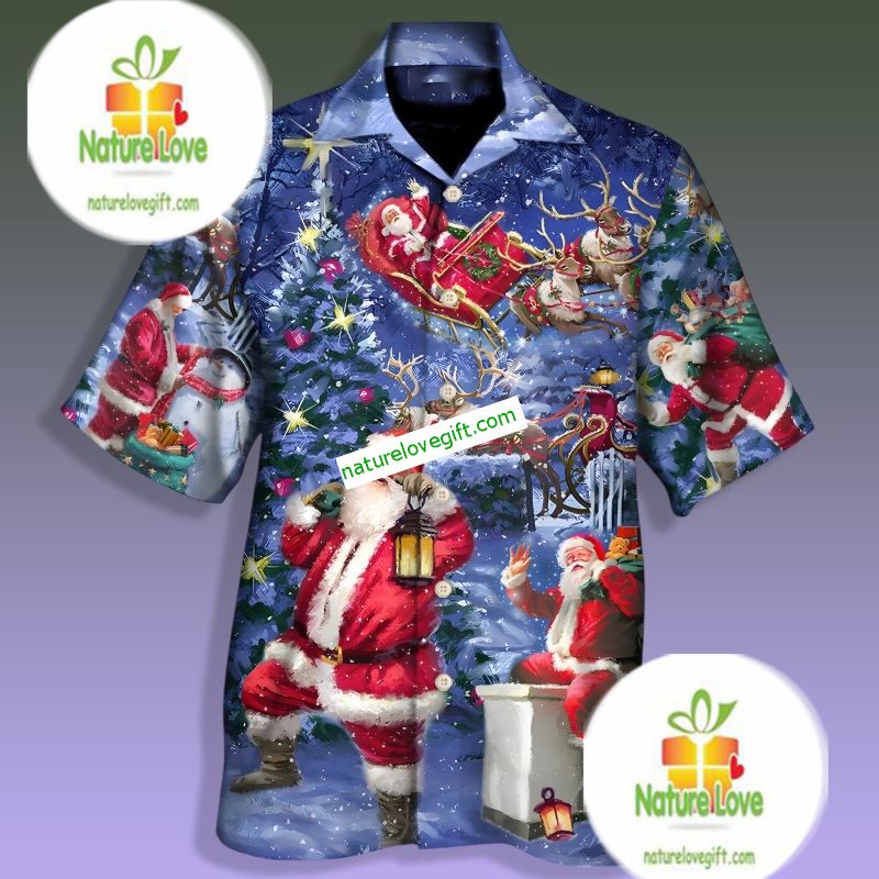 Christmas Gift Santa Claus Drawing Blue Slim Fit Hawaiian Shirt