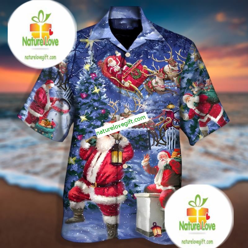 Christmas Gift Santa Claus Drawing Blue Slim Fit Hawaiian Shirt