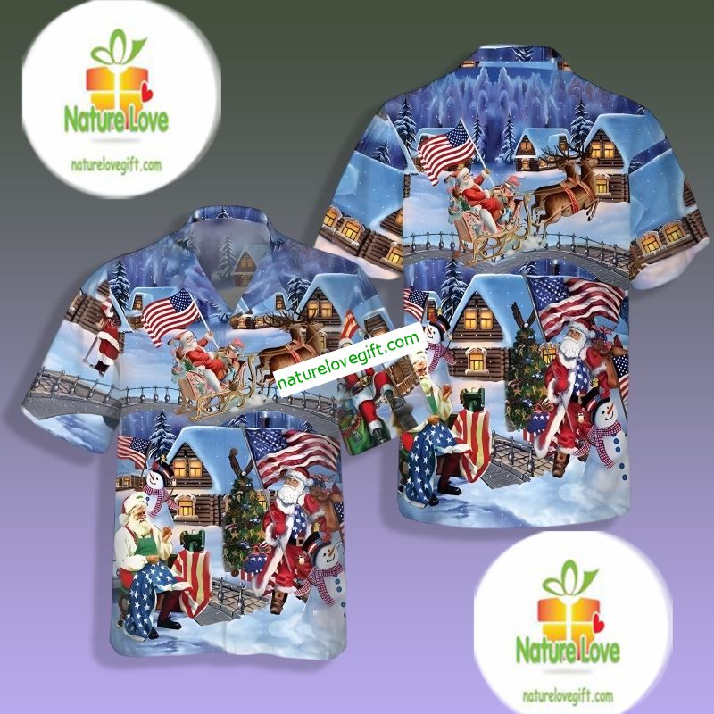 Christmas Holiday Santa Claus Wiht America Flag Blue Tactical Hawaiian Shirt