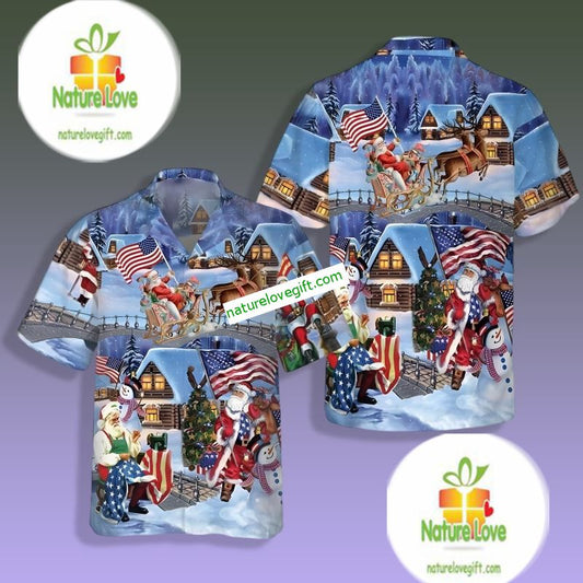 Christmas Holiday Santa Claus Wiht America Flag Blue Tactical Hawaiian Shirt