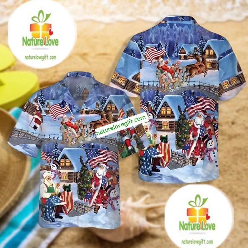 Christmas Holiday Santa Claus Wiht America Flag Blue Tactical Hawaiian Shirt