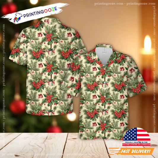 Christmas Holly Leaves And Berries Hawaiian Shirt