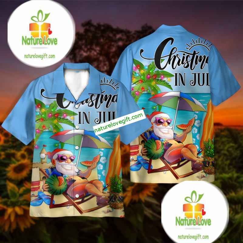 Christmas In July Santa Claus Beach Blue Hawaiian Shirt Outfit