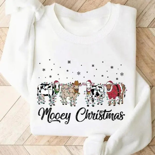Christmas Lights Cow Print Round Neck Pullover Sweatshirt, Country Life, Cow Girl, Cow Boy Christmas Shirt, Full Sizes,...