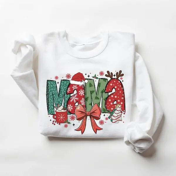 Christmas MaMa Coquette Bow Christmas Patterns Sweatshirt, Christmas Mama Gift for Mom, for Nana, Mimi, for women and men...