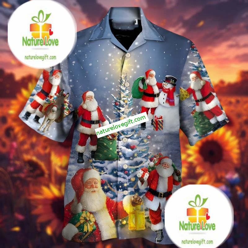 Christmas Night Santa Claus With Snowman Blue Family Hawaiian Shirts