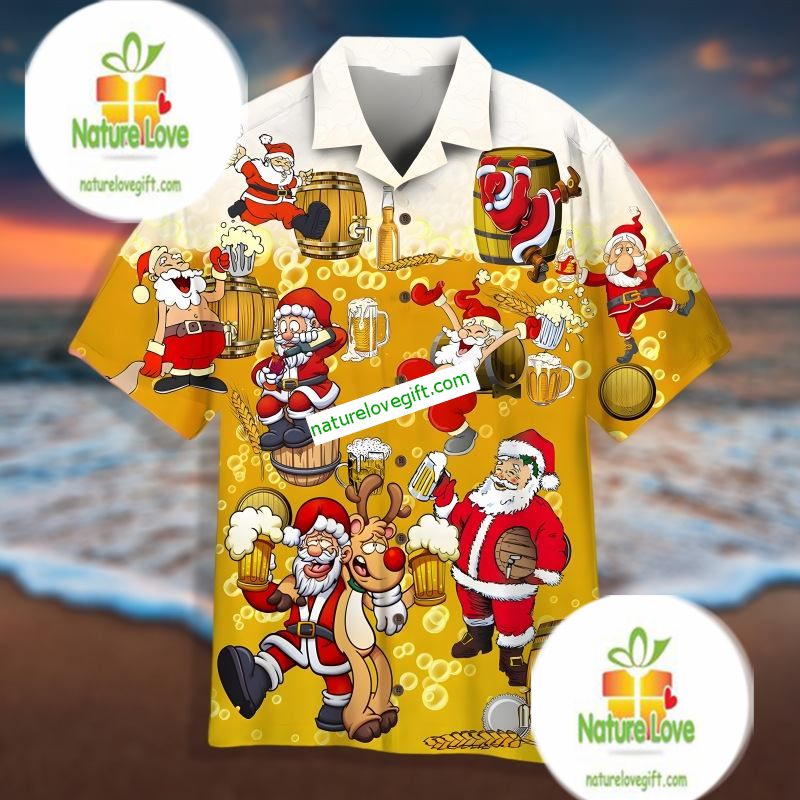 Christmas Party Santa Claus Drink Beer Yellow Printed Hawaiian Shirts