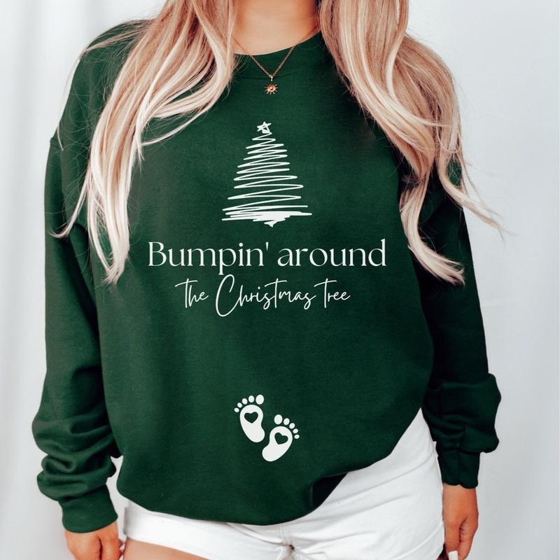 Christmas Pregnancy Announcement sweatshirt, Bumpin around the Christmas tree maternity jumper, Funny Baby reveal crewneck to family