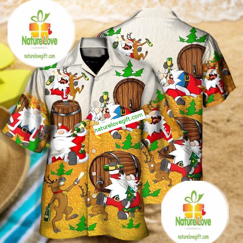 Christmas Reindeer Santa Claus Drink Wine Yellow Soft Hawaiian Shirts