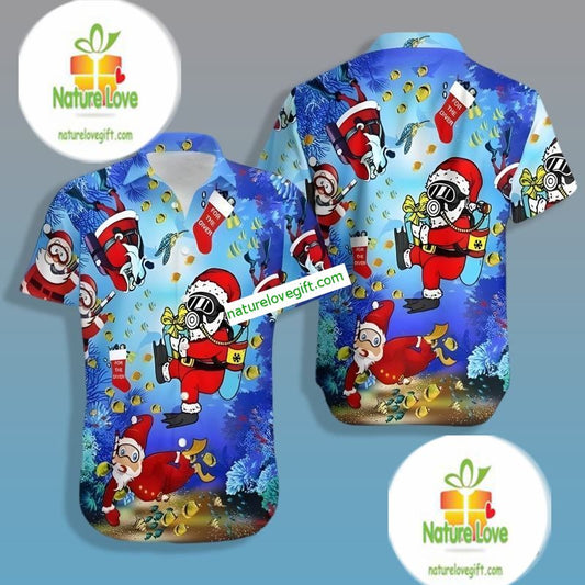 Christmas Santa Claus Diver In Ocean Blue Retro Hawaiian Shirts