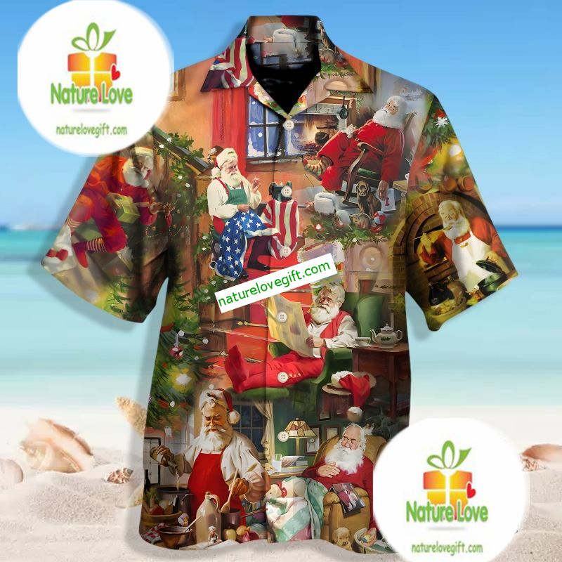 Christmas Santa Claus In His House Green Western Hawaiian Shirt