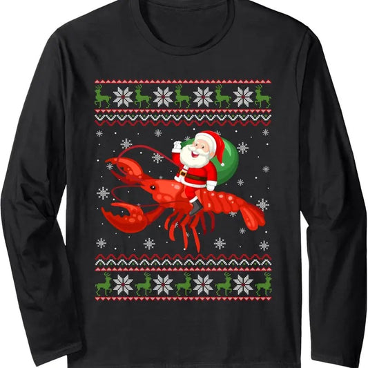 Christmas Santa Riding Lobster Funny Ugly Xmas Sweater Long Sleeve T-Shirt