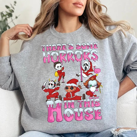 Christmas There's Some Horror In This House Sweatshirt, Funny Shirts For Night Out, Horror Movies Sweatshirt, Friends Horror Christmas Shirt Cotton Fabric