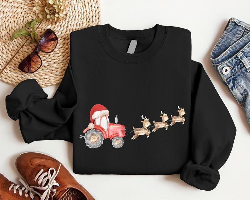 Christmas Tractor Sweatshirt, Reindeer Watercolor Hoodie, Christmas Gift Sweatshirt For Farmer, Christmas Holiday Hoodie,...