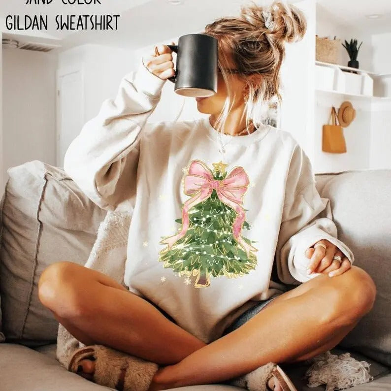 Christmas Tree Bow Shirt, Christmas Sweatshirt for Women, Christmas Tree Tshirt, Christmas Coquette Christmas Shirt Hoodie