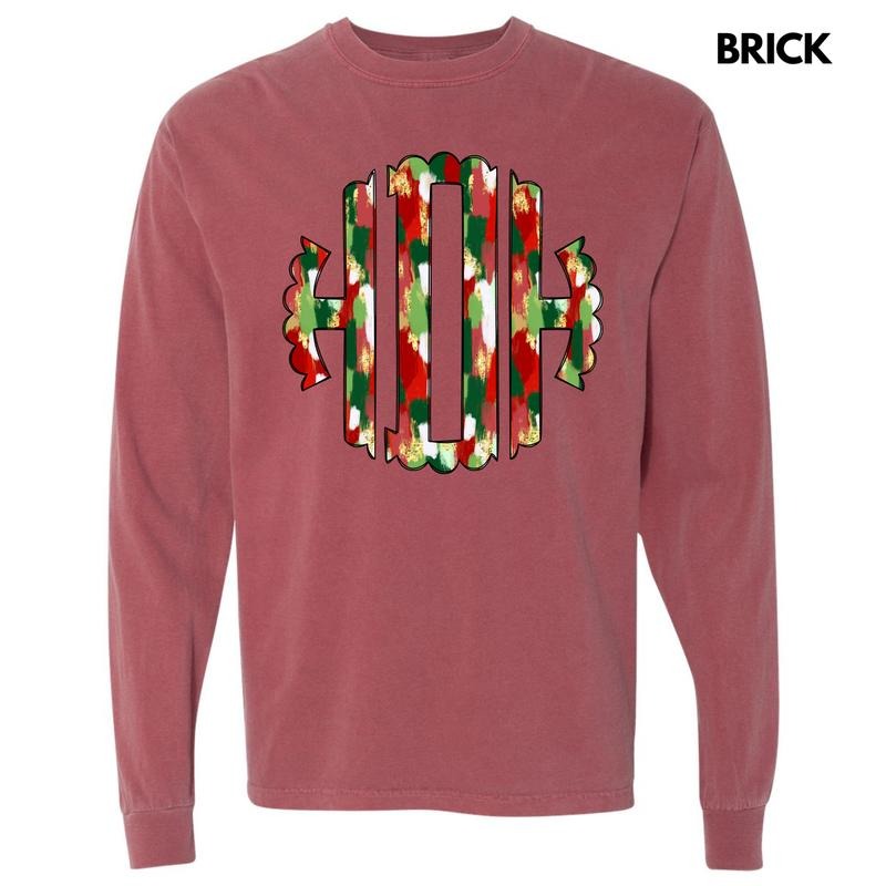 Christmas Watercolor Monogram Long Sleeve Comfort Colors T-Shirt 'NLB' Hoodie, Sweatshirt | InkThreadWorks.com