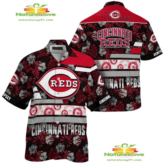 Cincinnati Reds Hawaiian Shirt Floral Stripes Custom Aloha Shirt