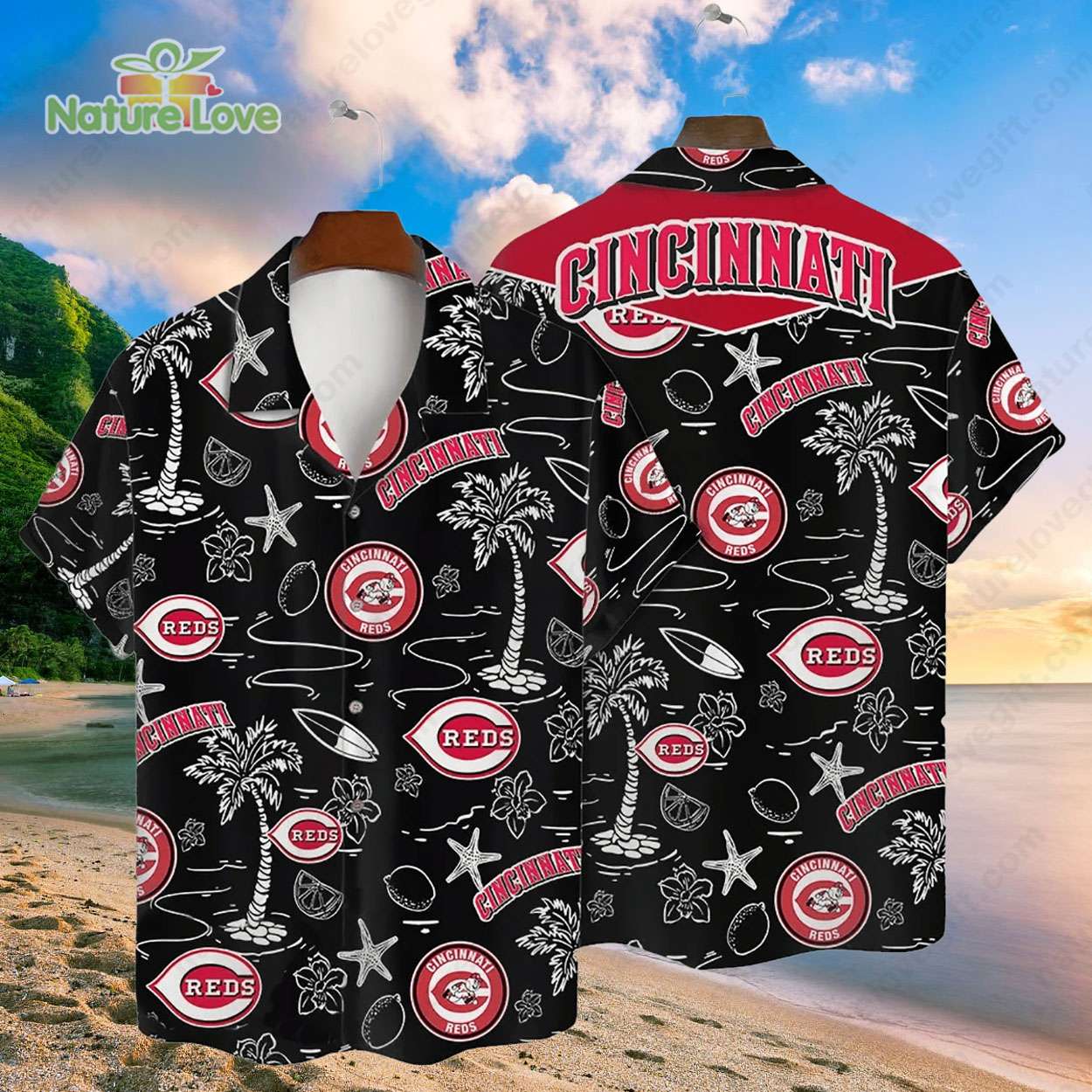 Cincinnati Reds Tropical Palms MLB Black Hawaiian Shirt