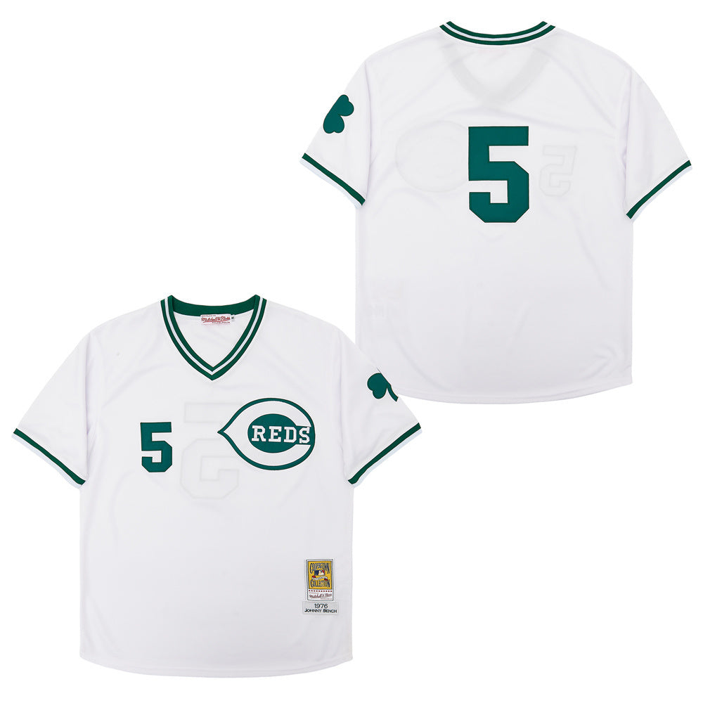Cincinnati Reds #5 Johnny Bench Reds 5 White Pullover Green Retro